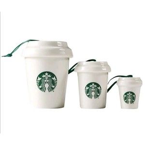 2016 STARBUCKS 3PC White Cup Nesting Christmas Ornaments LOGO Ceramic Mugs HTF